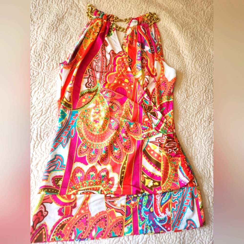 Paisley and abstract print, bright multi colored halter top